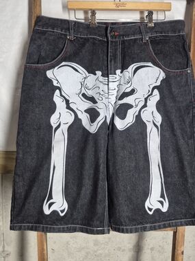Christopher & Banks Men’s Black Denim Shorts with White Skeleton Print